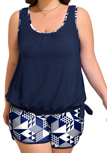 Arolina Two Piece Swimsuit for Women Bow Tie Knot Bathing Suit Modest Blouson Swimming Suit with Pockets Swimwear Over 50 Navy Blue 22 Plus