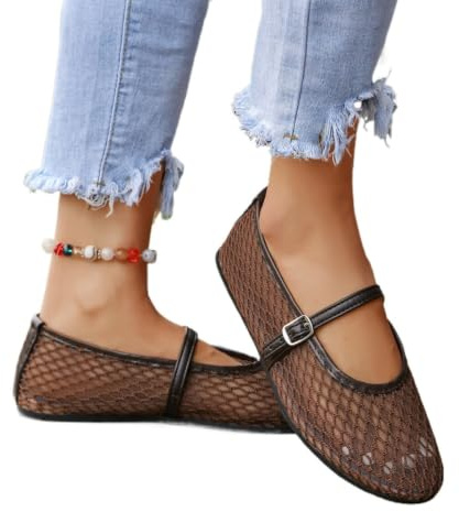 Fryloo Flip flops dam Mary Jane golv, nät runt tåspänne fot rem sommarplatta skor, andningsbara mjuka sulor golv-37-brun