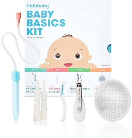 Frida Baby Basics Kit, 6pc Baby Essentials Kit Includes Nasal Aspirator Snotsucker, NailFrida Nail Files, Windi Gas Relief, DermaFrida Bath Brush + Silicone Carry Case