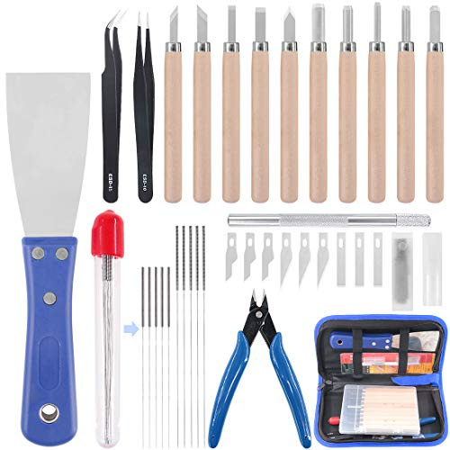 Glarks Kit de nettoyage de buses d’imprimante 3D 34 pièces, avec aiguilles de nettoyage de 0,35 mm et 0,4 mm, kit d’outils de sculpture sur bois, kit de nettoyage de couteaux, pinces, raclette