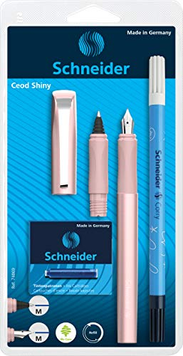 Schneider 74869 Ceod Shiny Schreibset mit Füller, Tintenroller, Tintenkiller (Rechts- und Linkshänder, M-Feder, inkl. Tintenpatronen königsblau) powder pink