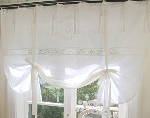 Raff Gardine Emilia Weiß Bestickt 100 x120 cm (B x L) Spitze Raffrollo Scheibengardine Bandaufhängung Leinenoptik Shabby Vintage Landhaus