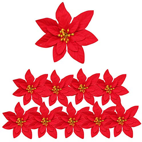 10PCS Christmas Large Flannel Poinsettia,Poinsettia Artificial Flowers,Xmas Poinsettias Decorations Artificial Christmas Flowers for Flower Tree Hanging Party Xmas Decor Wreath Garland Filler