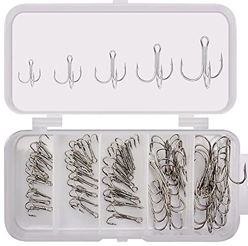 ANCLLO 50pcs Kit de anzuelos triples de pesca - Anzuelos de acero con alto contenido de carbono Anzuelos de pesca agudos y fuertes con curvas redondas para cebos duros Pesca Plata