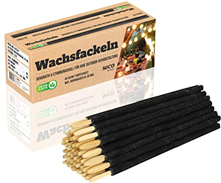 Nico Europe® 20 Stück Wachsfackeln, Brenndauer 60 Min. I hochwertige Fackeln aus Wachs mit Handschutz für Erwachsene & Kinder I Garten-Fackel für Outdoor Party, Event, Nacht-Wanderung