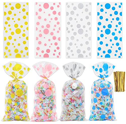 Polka Dot Cellophane Bags, 100pcs Clear Treat Bags with 100 Twist Ties for Goodies, Cookies, Nuts, Gift Wrap, Wedding, Birthday Party Favor Supplies (4 Patterns)