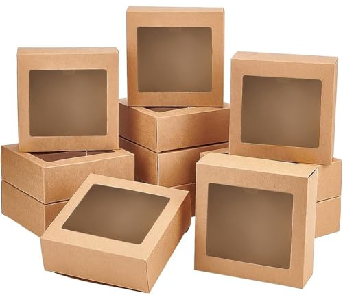 BENECREAT 16-pack 14 x 14 x 5 cm genomskinliga fyrkantiga fönsterpresentaskar, bruna kraftpapper presentlådor för bröllopspresent, choklad, kakor och andra små hantverk