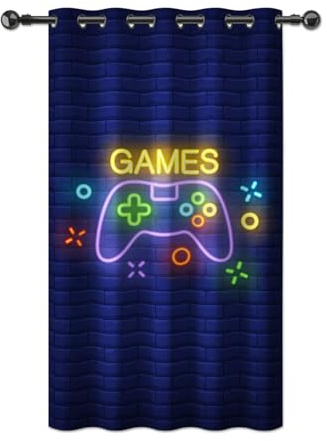 YONGFOTO 107x215cm Jeu vidéo Rideaux pour Salle de Jeux Fluorescence Modèle de Manette de Jeu Mur de Briques Monde Imaginaire Rideau occultant pour Chambre d'enfant 1 Panneau drapé avec œillets