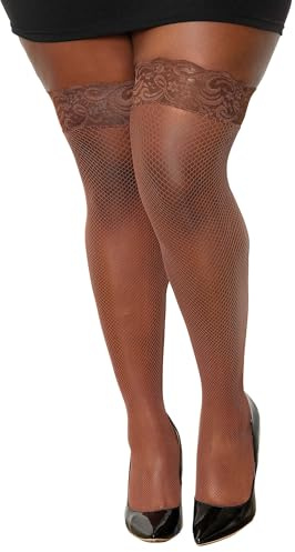 Dreamgirl Women's Plus Size Fishnet Thigh High Pantyhose Hosiery Stockings with Non-Slip Silicone Lace Top, Stay Up Rose Pattern Lace Band and Durable Back Seam, One Size Queen, 1PC, Espresso