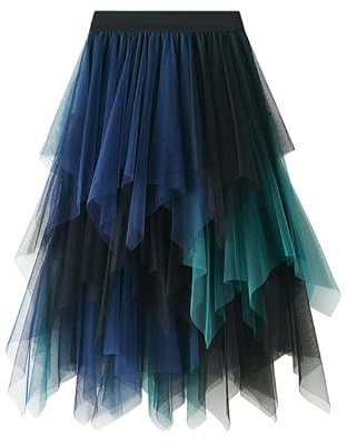 JEROZIYANT Women's Tulle Layered Underskirt Ballet Tutu Prom Party Pleated Dress A-line Midi High Waisted Skirt (Polyester, Green Blue)