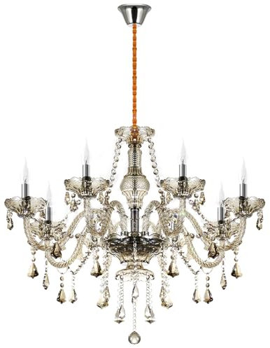 TRY-YEAN Lámpara moderna barroca de 8 brazos de cristal coñac, lámpara de cristal K9 con cadena ajustable para dormitorio, salón, pasillo, entrada E14