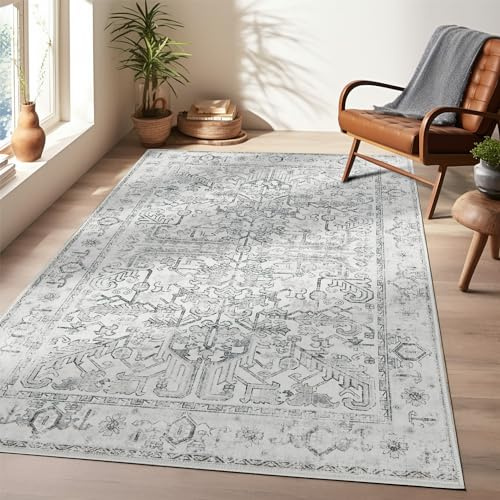 TOPICK Teppich Wohnzimmer 180x270 Grau Vintage Faltbar Dünner Waschbar Blumendruck rutschfest Leicht Teppiche Schlafzimmer
