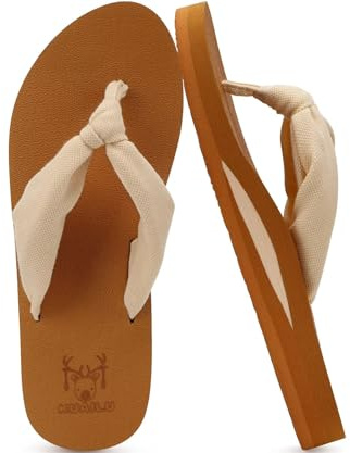 KuaiLu Flip Flops Women Arch Support Yoga Mat Comfortable Summer Beach Walking Thong Cushion Sandals Slip on Outfits Travel Essentials Orthotic Slides Indoor Outdoor Slippers Shoes Beige Khaki Size 7