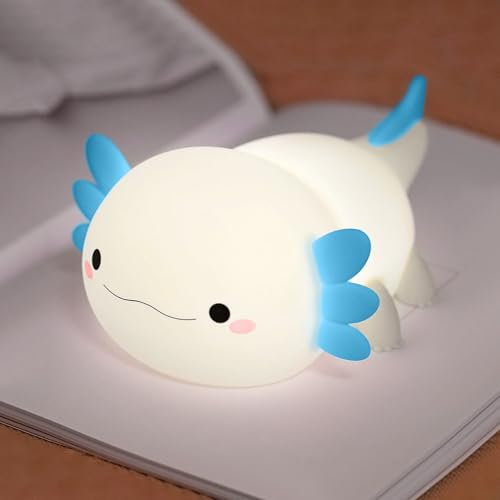 FAMIDUO Luz Nocturna Infantil Axolotl, LED Recargable Lampara Bebe Noche Táctil de Silicona con 20 Minutos Temporizador, Lampara Quitamiedos Infantil 2 Modos de Atenuación, Regalo para Niños y Niñas