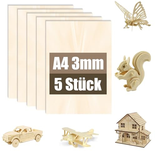 5 planchas de madera contrachapada de tallo A4 3 mm | Madera de tilo para modelismo, corte láser, grabado, tablas de madera para ocio creativo y proyectos DIY (5,A4 (297 x 210 x 3 mm)