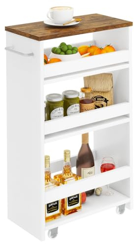 IBUYKE Slim Storage Cart 20cm, Rolling Kitchen Storage cart on Wheels for Small Spaces, 4-Tier Narrow Storage Trolley, Slide Out Utility Cart for Kitchen, Bathroom, Laundry,White WST005W-L