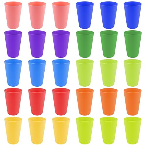 Elsrantor 30 Piezas Vasos Plastico Duro, 12 Colores Vasos de Plástico Reutilizable, 260 ml Copas de Plastico de Colores Apilables, Tazas de Plástico Niños, para Cocina, Fiestas, Picnic, Camping