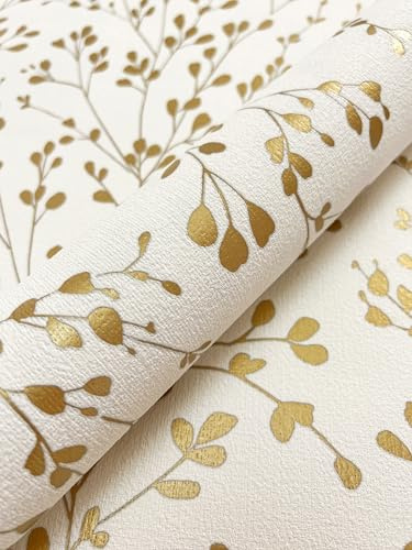 Newroom Papier Peint Intissé Blanc Or Vinyle - Floral Romantique Branches Feuilles pour Salon Chambre