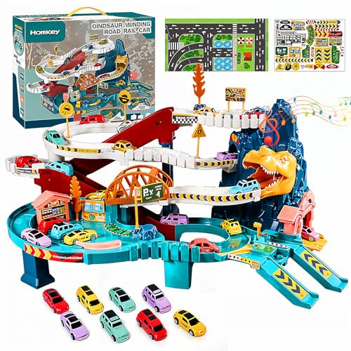 Aolawco Boy Dinosaur Race Track Play Set with 8 Mini Cars, Kids Car Garage Parking Toys, Car Ramp Toy with Music & Sound, Christmas Birthday Party Gift for Kids for 3 4 5 6 7 8 Years Old
