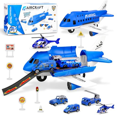 TAVADA Transport Flugzeug Spielzeug,Flugzeugspielzeug Set,Transportflugzeug 3 Autos + 1 Hubschrauber Set,Transport Cargo Flugzeug Auto Spielzeug Spiel Set für 3+ Jahre alte Jungen und Mädchen