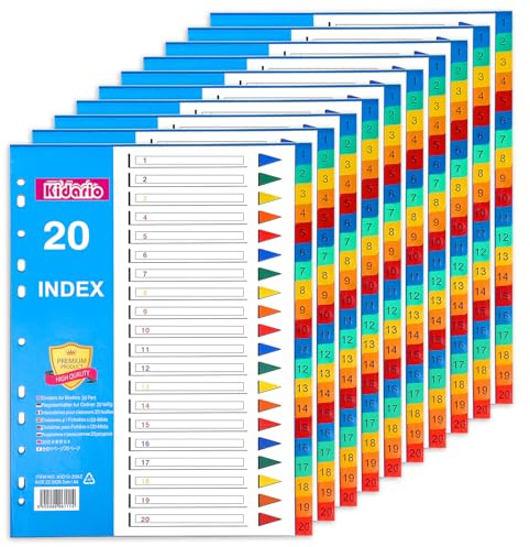 Thboxes File Dividers A4, 10 Pack 20 Part Folder Dividers 1-20 Coloured | 11-Hole Punched, Waterproof Plastic A4 Dividers for Lever Arch Files Ring Binders Office School Index Dividers