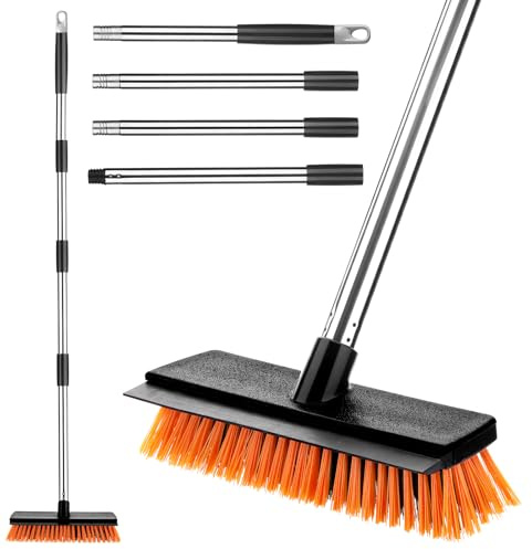 Hahorpa 26cm Escoba Exterior con Cerdas Duras, Escoba Jardin Extensible Ajustable 126 cm, 2 en 1 Cepillo Terraza con Raspador y Mango de Acero Inoxidable para la Limpieza de Terraza, Jardín, Acera