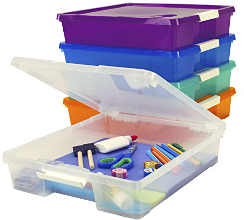 Storex Classroom Student Project Box, Plastic, 15.25 x 13.25 x 3.25 inches , Assorted Tints, 5-Pack (63202U05C), standard sized