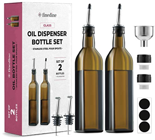 Superior Glass Oil Bottle Drizzler - Set Of 2-500ml Olive Oil Dispenser Bottle for Kitchen - Refill Funnel, Pouring Spouts & Labels - Lead-Free Glass Oil and Vinegar bottle, BPA-Free Cruet Set