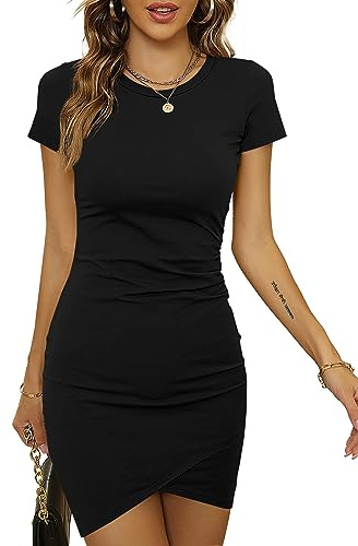 Laughido Mini-Robe Moulante Froncée Tshirt - Robe D'Été Enveloppante Décontractée À Manches Courtes pour Femmes (Noir, Grand)