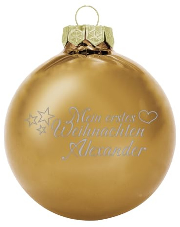 Deitert Weihnachtskugel mit Wunschtext Gravur, Ø 8cm, personalisierte Christbaumkugel aus Glas (glänzend), Individueller Weihnachtsbaumschmuck Namen oder Spruch, Mein erstes Weihnachten, Gold