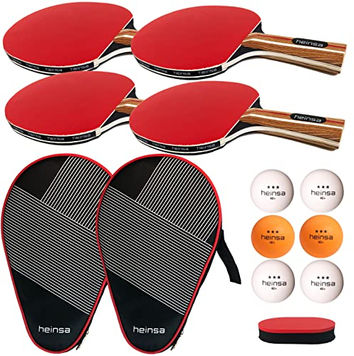 heinsa Tischtennisschläger Set, Tischtennisschläger Profi Set - Tischtennis Set mit Tasche und Tischtennis-Bälle für Indoor und Outdoor (4er Tischtennisschläger Set mit extra Bälle)
