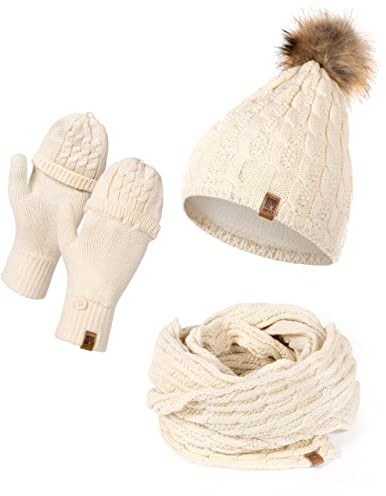 HEYO Ensemble bonnet, écharpe et gants pour femme | Bonnet d'hiver doublé avec pompon en fourrure synthétique | Grande écharpe | Gants d'hiver tricotés sans doigts pour écran tactile, beige, Normalle