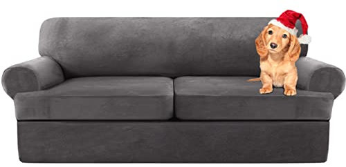 Sofa Cover,T Cushion Sofa Cover Velvet Non-Slip T Cushion 1/2/3 Seater Couch Cover with Individual T Cushion Seat Cover with Elastic Bands Furniture Slipcovers Protector (Grey,2 Seater-3Pieces)