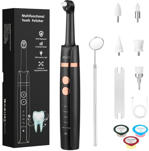 Tooth Polisher - SIQUER Plaque Remover for Teeth Whitening Dental Tools Electric Tartar Polishing Teeth Cleaning Kit with LED Light 5 Speed Modes with 5 Replacement Brush Heads (Black)