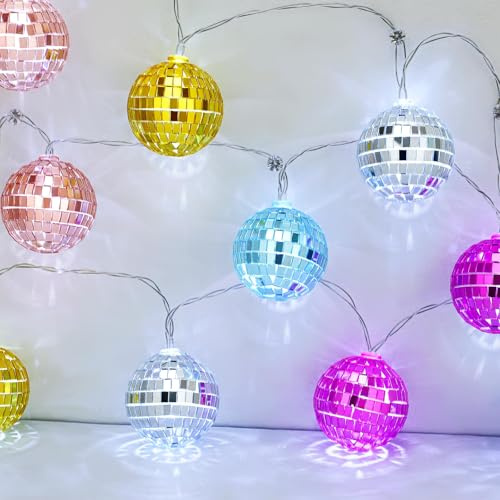 BBTO 10 Pcs LED Disco Ball String Light 2 Inch Battery Powered Mirror Ball Ornaments 70s 80s 90s Disco Party Supplies(Vivid Color)