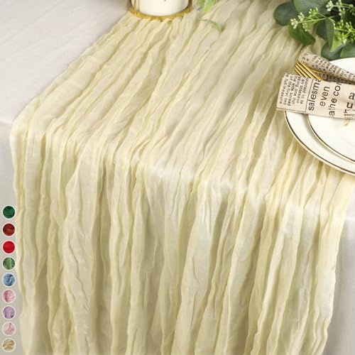 Cekene 1PC Cheesecloth Table Runner Beige 90x400cm Gauze Fabric Table Runner Long Rustic Sheer Tablecloth Runner Washable Table Cloth Decoration for Wedding Holiday Party Baby Bridal Shower Arch