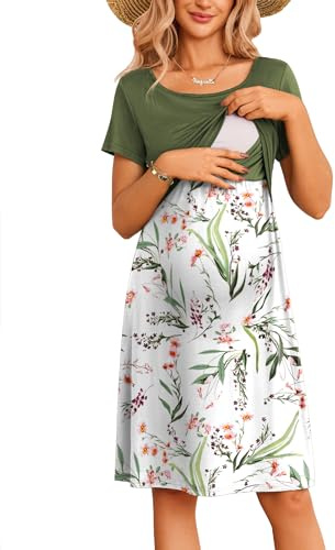 Ekouaer Robe de Maternité Femme Été Robe de Grossesse Confortable Vetement Allaitement Imprimé, Vert, XL