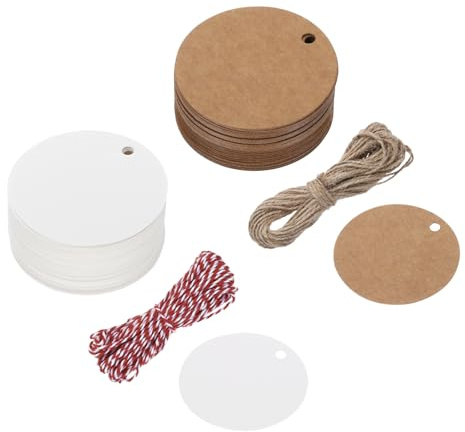 QUARKZMAN 100 stycken presentetiketter kraftpapper etiketter gåva hängande etiketter, runda 5 cm kort med 20 meter jutesnöre röd för presentförpackning jul