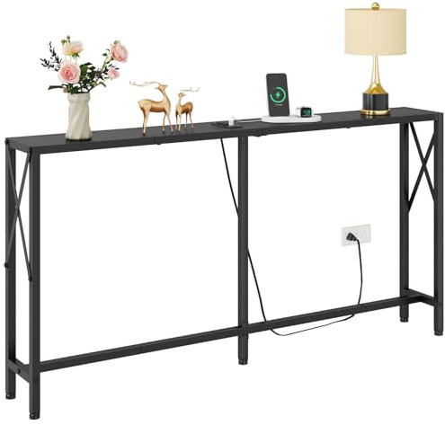 Gewudraw Narrow Console Table with Socket, Sofa Table Behind Couch, Black