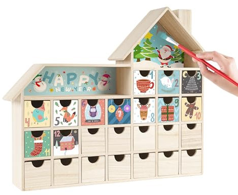 Sunlit Christmas Wooden Advent Calendar with Drawers, Unfinished Wooden, Chalet Shaped Countdown Calendar Ready to Decorate and Personalize | Craft Storage Box | DIY Guru and Crafters