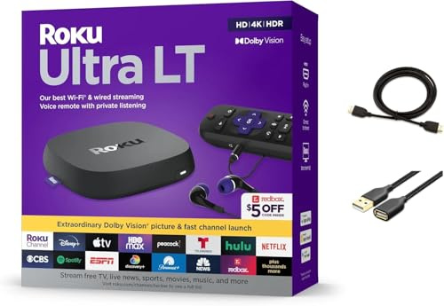 Roku Ultra LT Streaming Device 4K/HDR/Dolby Vision/Dual-Band Wi-Fi with Roku Voice Remote and HDMI Cable, with USB Extension Cord and HDMI