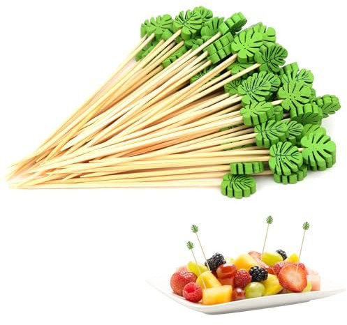 Cocktail Sticks, 100pcs Toothpicks Wooden Skewers Burger Sticks 12cm Cocktail Sticks for Food Picks Bamboo Sticks for Appetizers Burger Barbecue Fruit Sandwiches Snacks Party Green Leaves Pattern