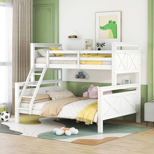 EURHCIO Lit Superposé 3 Places Convertible en 2 Lits,Lit Superposé Enfant 90x200 et 140x200 avec Barrière de lit Haute,Échelle Inclinée,Sommier à Lattes,pour Enfants Ados (Blanc)