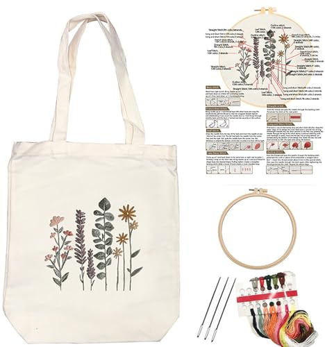 KEKEMEOW Set di ricamo per borsa su tela Kit borsa fatto a mano con bianco Wildflower Croce Stitch Borsa per adulti con anello, filati di colore e strumento