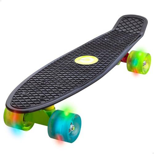 ColorBaby EVO Skateboard för barn svart, 4 hjul med färgade lampor, max 100 kg, 56 x 15 x 10 cm, halkfri bas, utomhusleksaker, utomhusspel, present pojke och flicka, 5 år (54341)