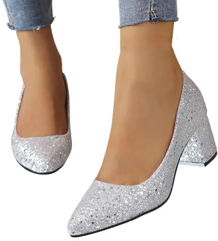 EQWIGKEIT Scarpe glitterate da donna con tacco, scarpe da ballo chiuse, comode scarpe da sposa eleganti con tacco a blocco, scarpe da matrimonio, scarpe da ballo, A2 argento, 40/EU