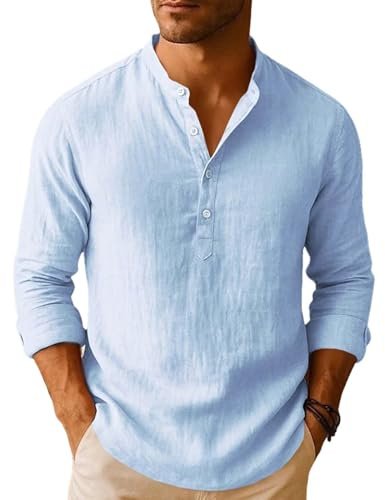 Camicia Lino Uomo Manica Lunga Camicie Estiva Casual con Bottoni Camicia Henley Uomo Estate Classica Tinta Unita Traspirante Vacanze E Il Lavoro Abbigliamento Casual