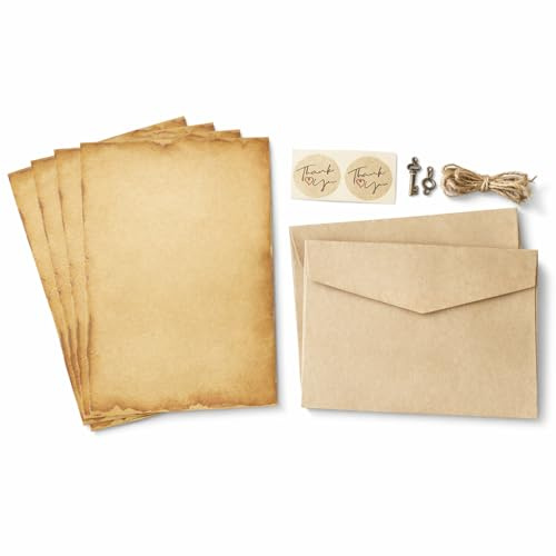 Set Cancelleria Vintage, Carta da Lettere Vintage con Buste, Kit Cancelleria in Carta Kraft per Scrittura Creativa Inclusi Adesivi, Corda di Canapa e Accessori Retro, per Inviti e Auguri