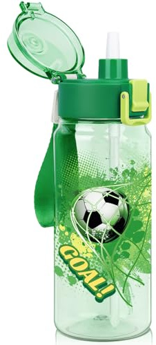 omedecal Vattenflaska med sugrör läckagesäker, 550 ml vattenflaska för sport, tritan BPA-fri, bärhandtag, diskmaskinssäker – fotboll