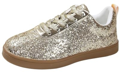 Generiska halvskor damer glitter damskor utomhus fritidsskor skosnören sneakers promenadskor platta halkfria sportskor slip-skor eleganta promenadskor joggingbyxor, Guld, 38 EU